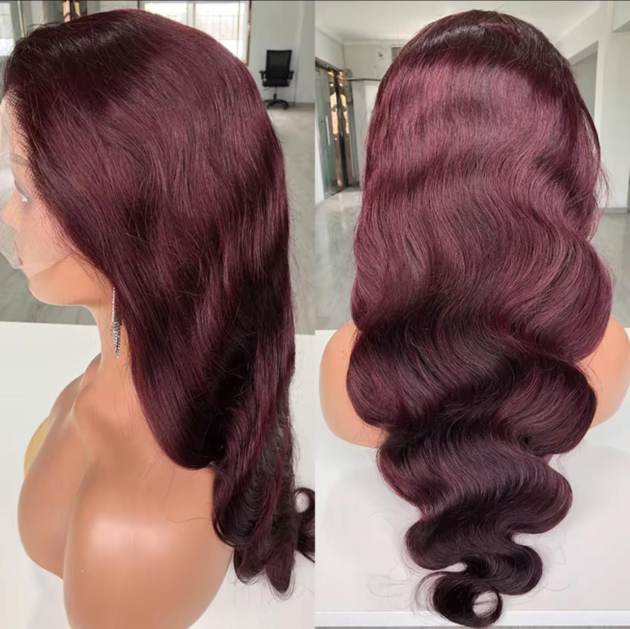 99J BODY WAVE  BURGUNDY DARK WINE RED SHAPE LACE FRONT WIG