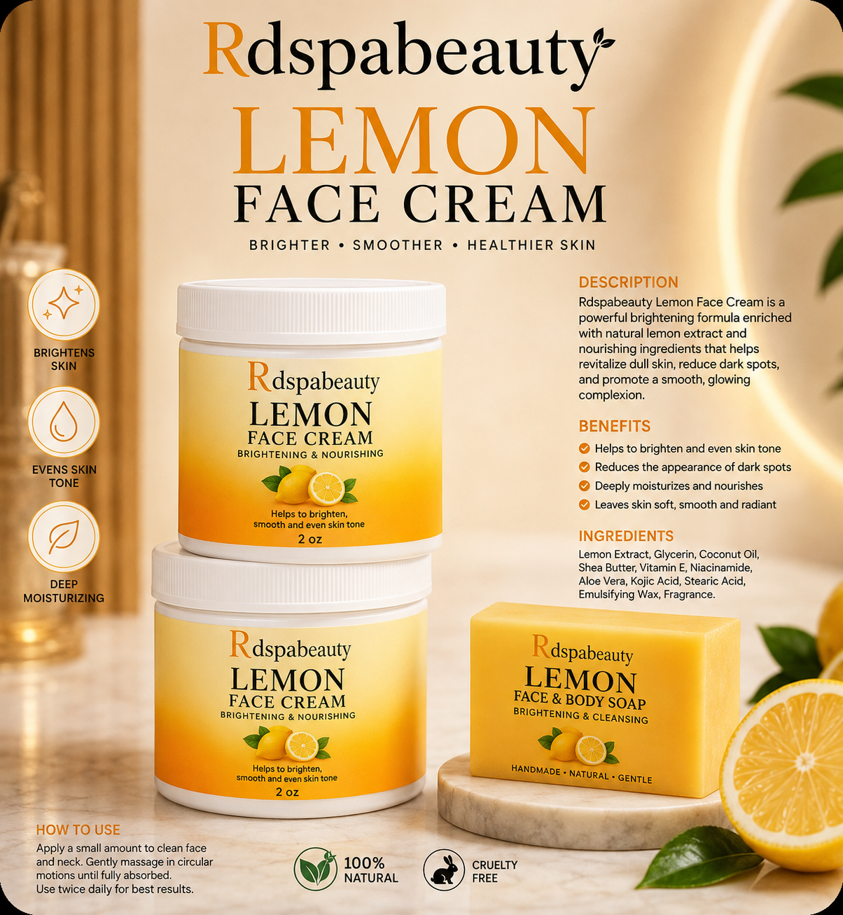 Rdspabeautyshop 3 pieces lemon face cream 2 oz soap 22g